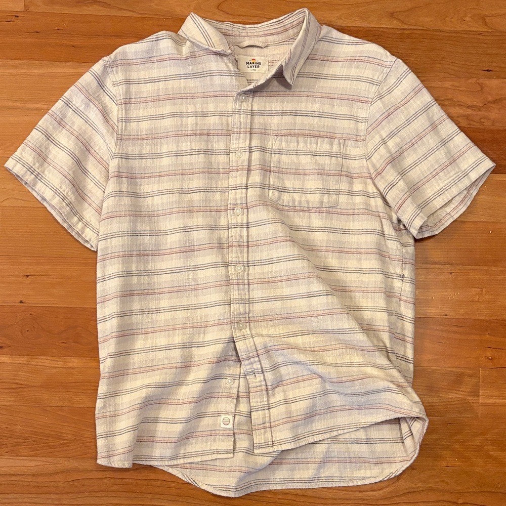 Marine Layer Men's Striped Button-Down Shirt - Cream and Purple